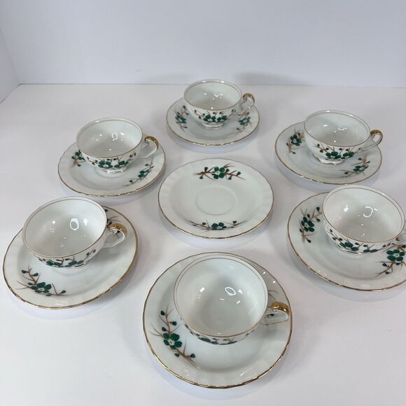 Antique Footed Teacup And Saucer Set Regal China‎ Occupied Japan Emerald Pattern - Picture 2 of 15